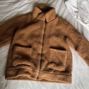 brown fluffy zip up teddy coat jacket small